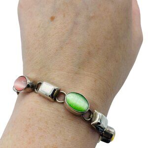 Chunky Vintage Sterling Silver 925 Multicolor Cat Eye Link Bracelet 6.5in Heavy